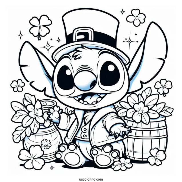 St. Patrick's Day Coloring Page Of Cute Stitch Dressed As A Leprechaun For Preschoolers