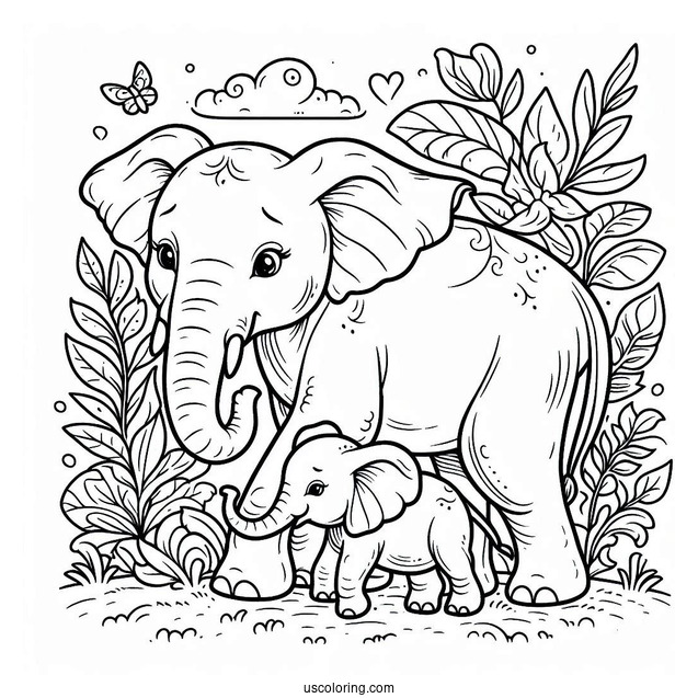 New Born Elephant With Mom Coloring Page