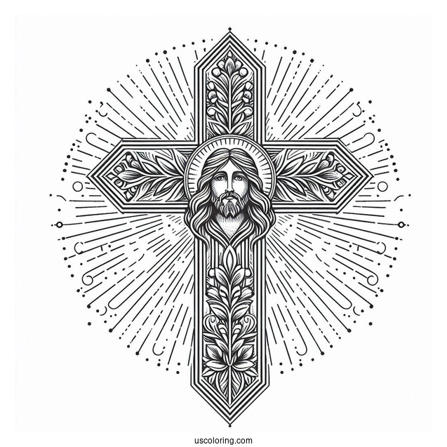 Elegant Cross Coloring Page With Jesus s Face At The Center