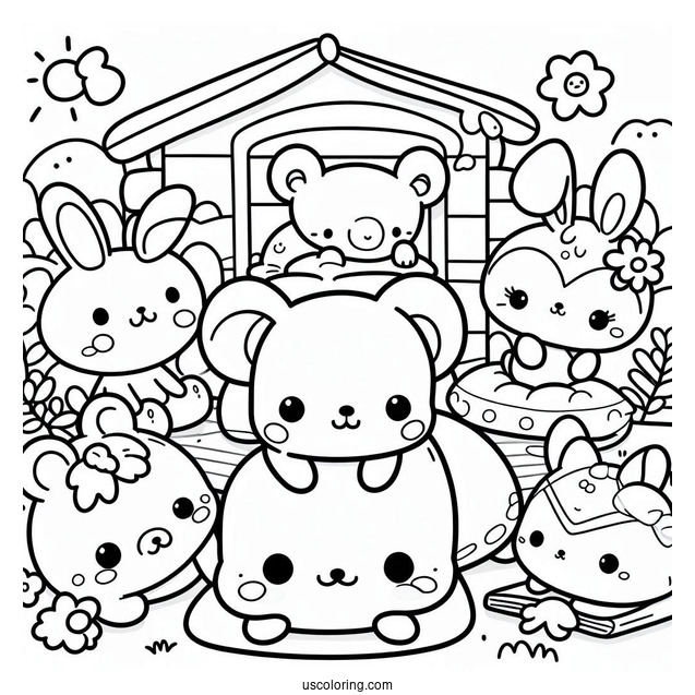 Kawaii Little Animals Resting In A Room Coloring Sheet