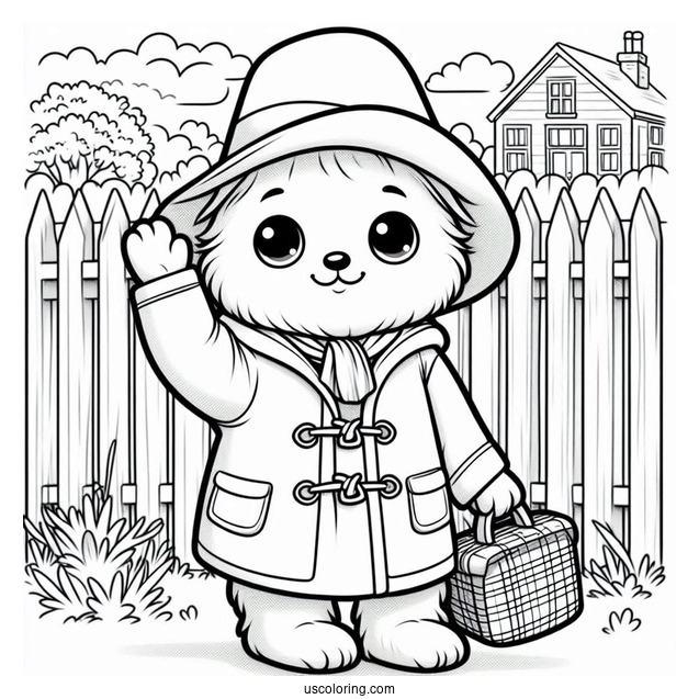 Kawaii Paddington Coloring Page Waving From A Backyard For Kids