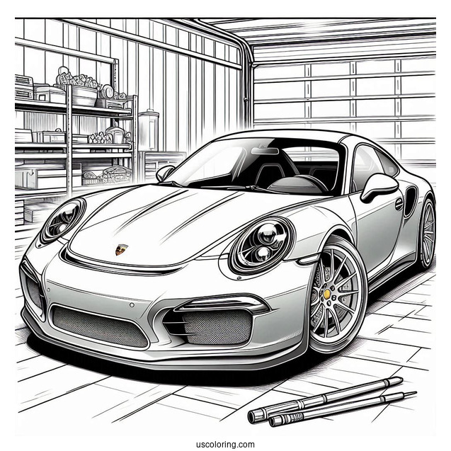 Sleek Porsche Coloring Page Parked In Garage