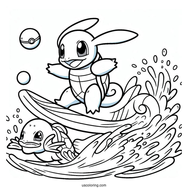 Squirtle Coloring Page Of Surfing With Magikarp