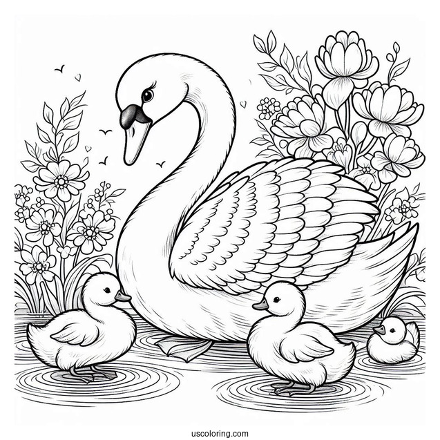 Mama Swan Coloring Page With Baby Cygnets