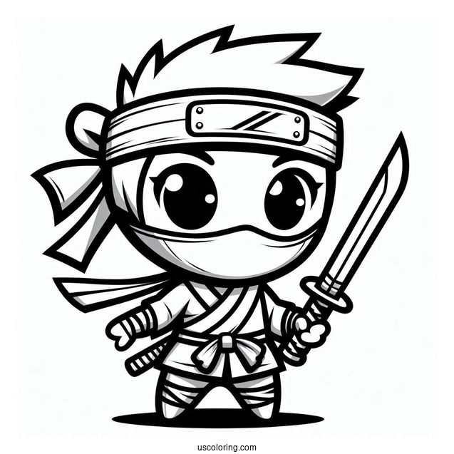 Easy Chibi Ninja With A Sword Coloring Page For Preschoolers