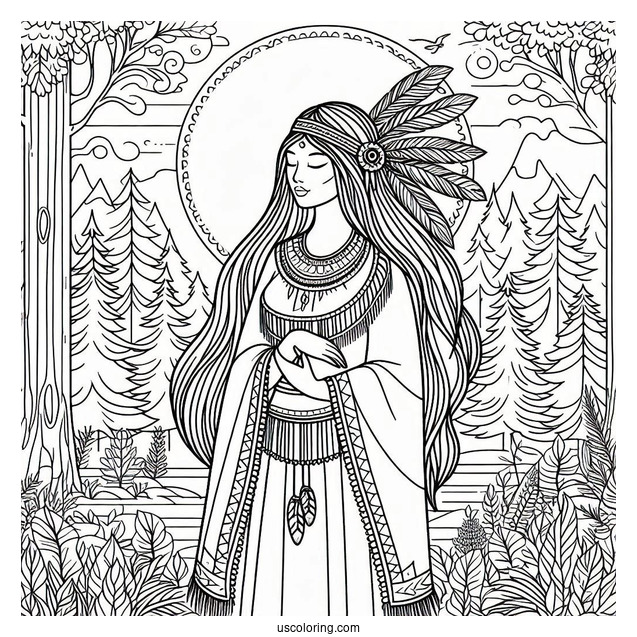 Native American Coloring Page Woman Standing In The Forest
