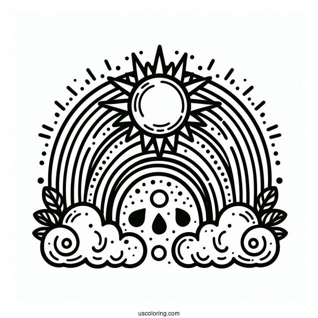 Large Sun With Rainbow And Clouds To Color