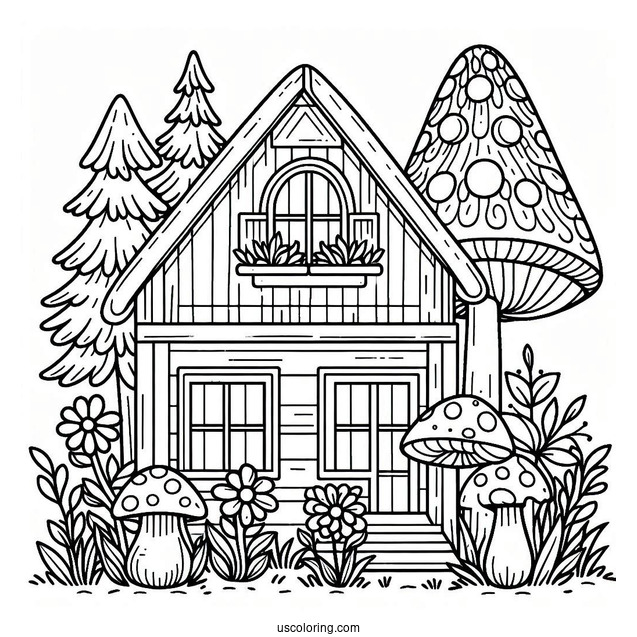 Mushroom Coloring Page House With Two Windows