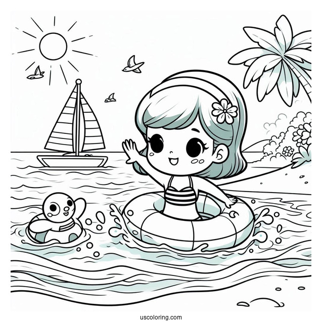 Kids Swimming At The Beach Coloring Page