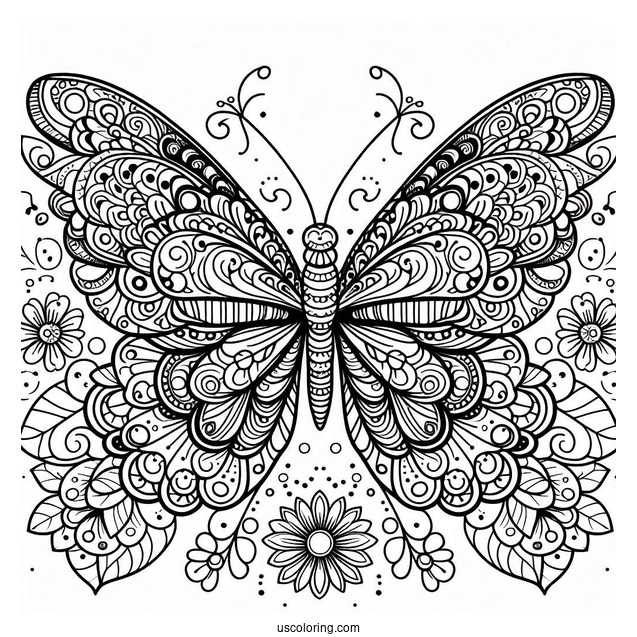 Complex Butterfly Coloring Page And Flower Mandala