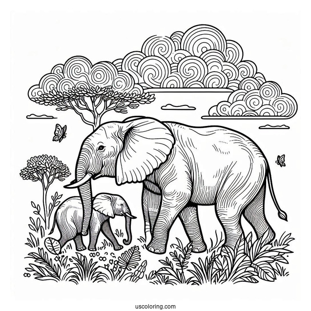 Two Elephants Walking In The Wild Coloring