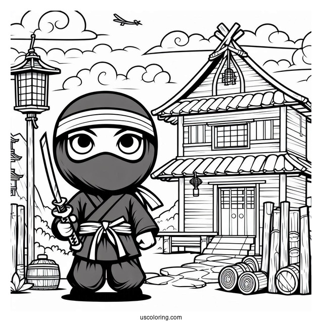Ninja In An Old Japanese Village Coloring Sheet