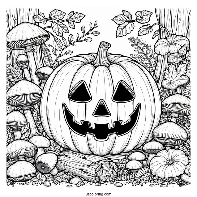 Pumpkin Coloring Page Of Creepy Jack O Lantern Surrounded By Mushrooms In The Garden