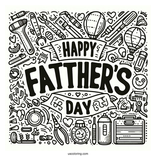 Happy Father's Day Coloring Page Of Words Surrounded By Tools