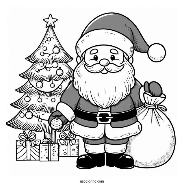 Santa Holding Sack Of Presents Next To Christmas Tree