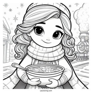Polar Express Coloring Page Of Pretty Hero Girl Holding A Bowl Of Soup For Kids