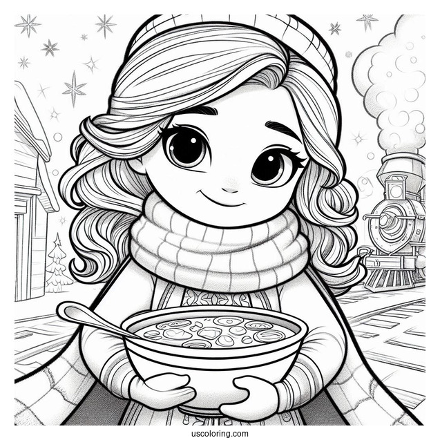 Polar Express Coloring Page Of Pretty Hero Girl Holding A Bowl Of Soup For Kids
