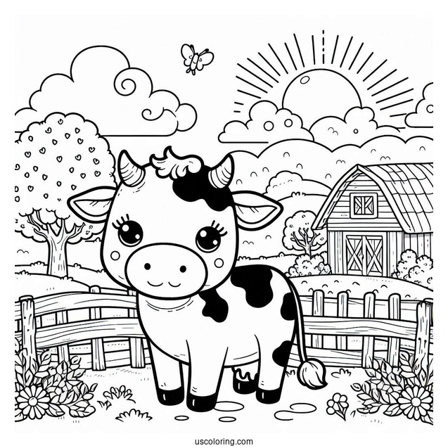 Coloring Sheet Of Cow On a Farm