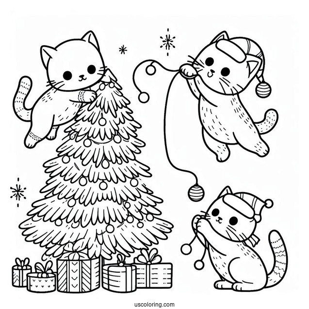 Cats Playing With Christmas Tree Coloring Sheet