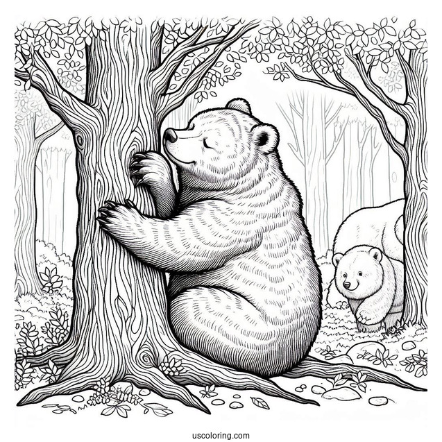 Adult Bear Coloring Page Rubbing Back On Tree