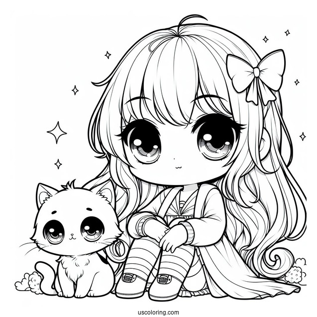 Curious Chibi Girl With Her Cat