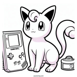 Mew Coloring Page Standing In Front Of Game Boy Console