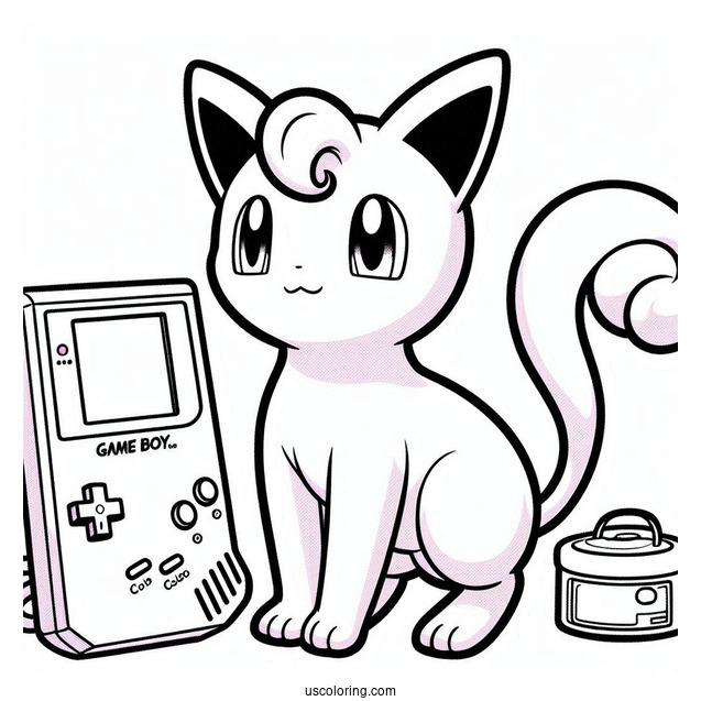 Mew Coloring Page Standing In Front Of Game Boy Console