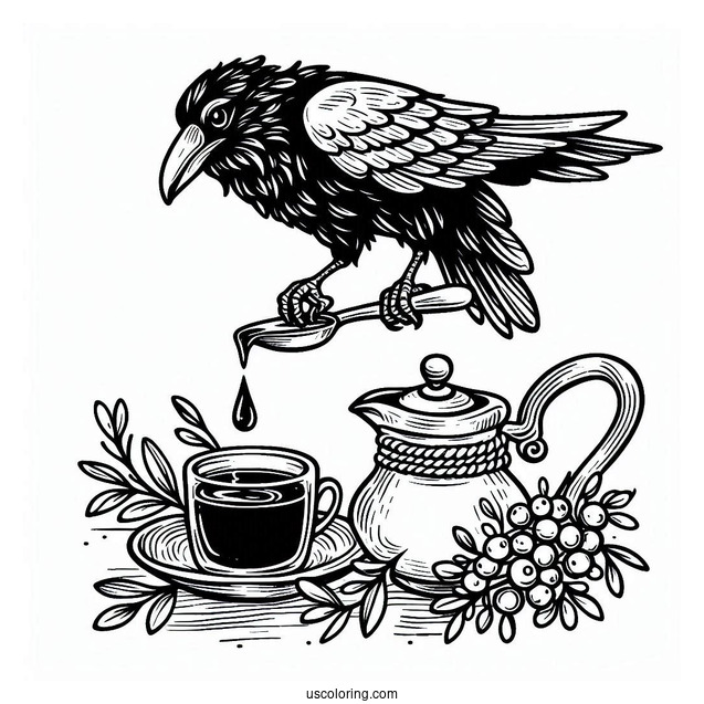 Raven Coloring Page Adding Syrup To Coffee