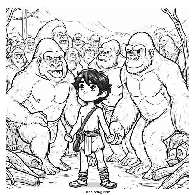 Young Tarzan Coloring Page Surrounded By Gorilla Family