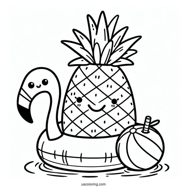 Cartoon Pineapple In A Flamingo Floatie Summer Coloring Page For Kids