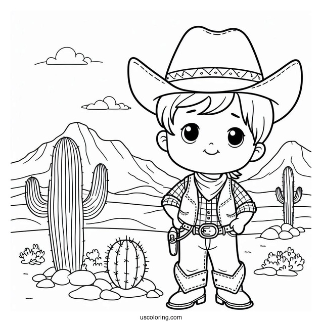 Adorable Little Cowboy Coloring Page In The Desert