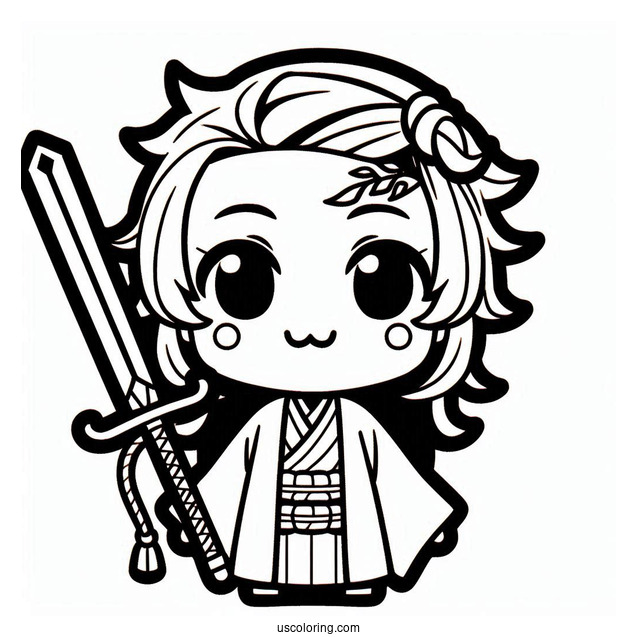 Kawaii Tanjiro Coloring Page Using Nichirin Sword For Kids