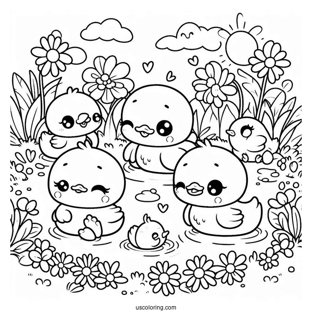 Kawaii Ducklings Playing In A Pond Coloring Page For Preschoolers