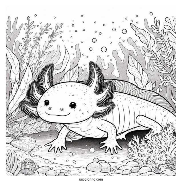 Realistic Axolotl Coloring Page Under The Sea