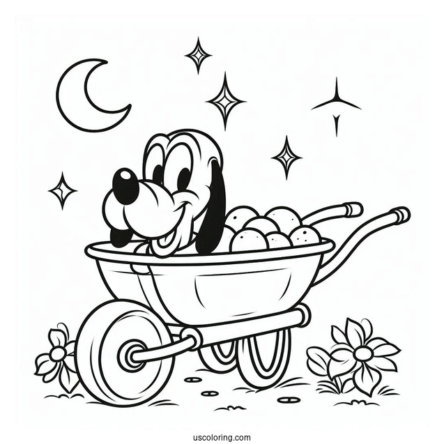 Simple Pluto Coloring Page In Wheelbarrow For Preschoolers