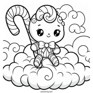 Adorable Candy Cane Coloring Page Sitting On A Cloud