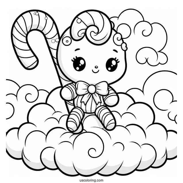 Adorable Candy Cane Coloring Page Sitting On A Cloud