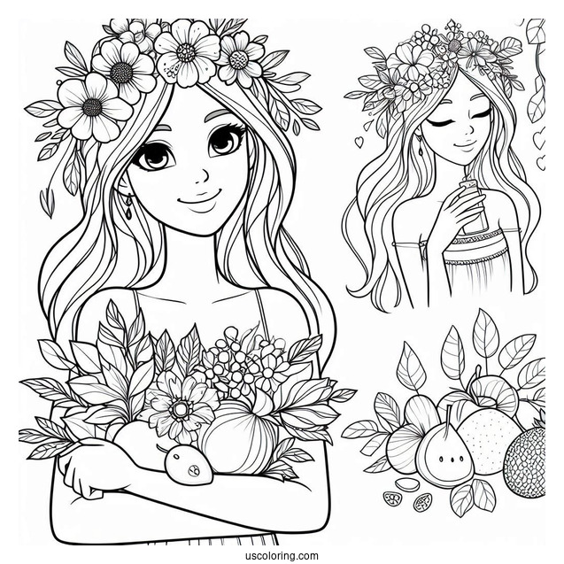 Cute Coloring Page Fashionable Women Holding Flowers And Fruits