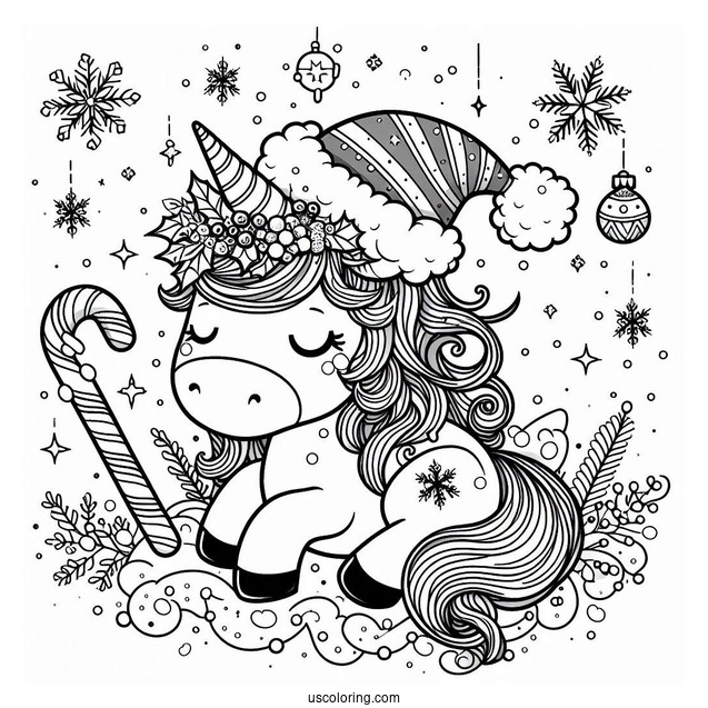 Unicorn With Santa Snow Flakes And Candy Cane
