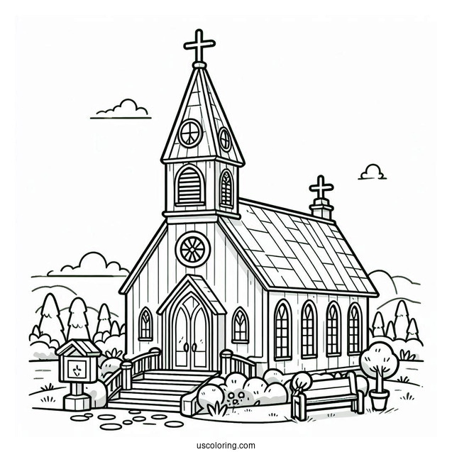 Cartoon Church Coloring Page Goers Standing In Front Of The Church Building For Kids