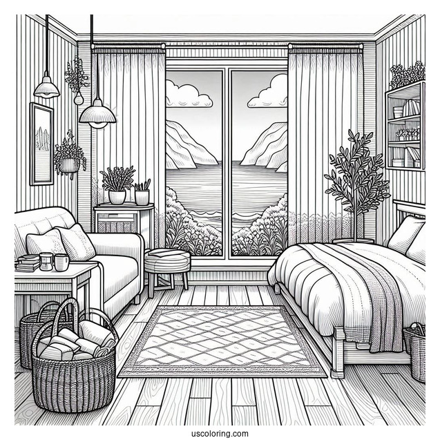 Tidy Bedroom Coloring Page With Scenic Ocean View