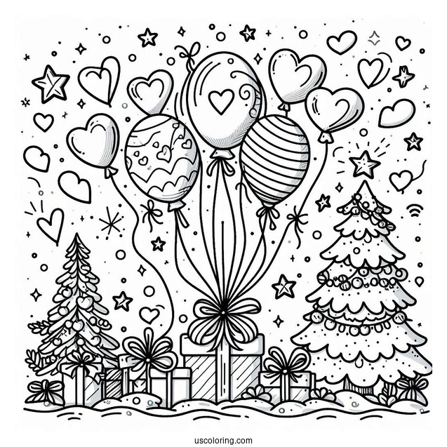 Happy New Year Coloring Page Of Balloons With Love Hearts And Stars