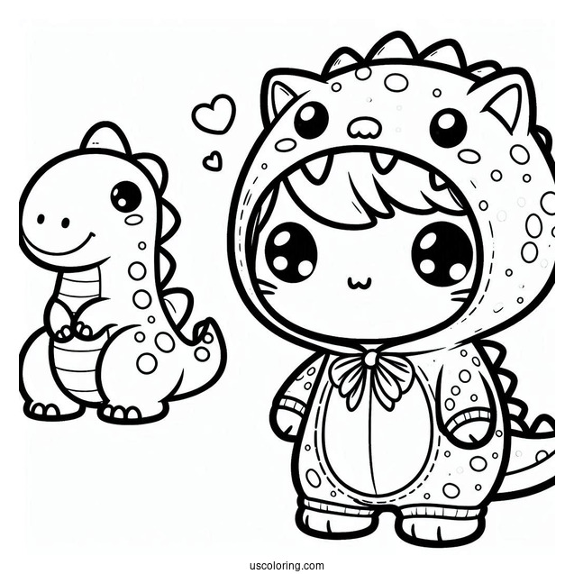 Kawaii Cat In A Dinosaur Onesie Coloring Sheet