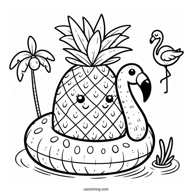 Cartoon Pineapple In A Flamingo Floatie Summer Coloring Page For Kids