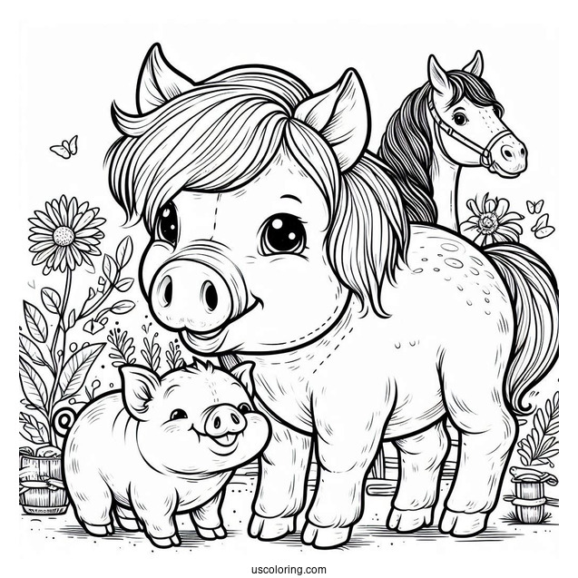 Big Farm Pig With Horse To Color