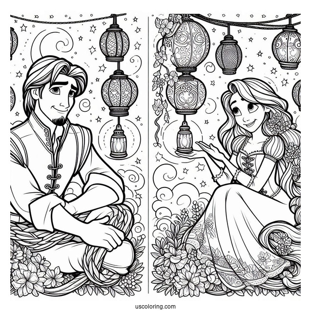 Rapunzel And Eugene With Lanterns To Color