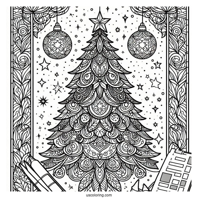 Detailed Christmas Tree Stained Glass Coloring Page