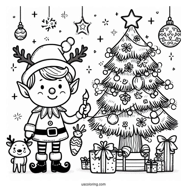 Elf, Reindeer And Christmas Tree To Color For Kids