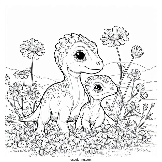Two Young Parasaurolophus Coloring Page On A Field