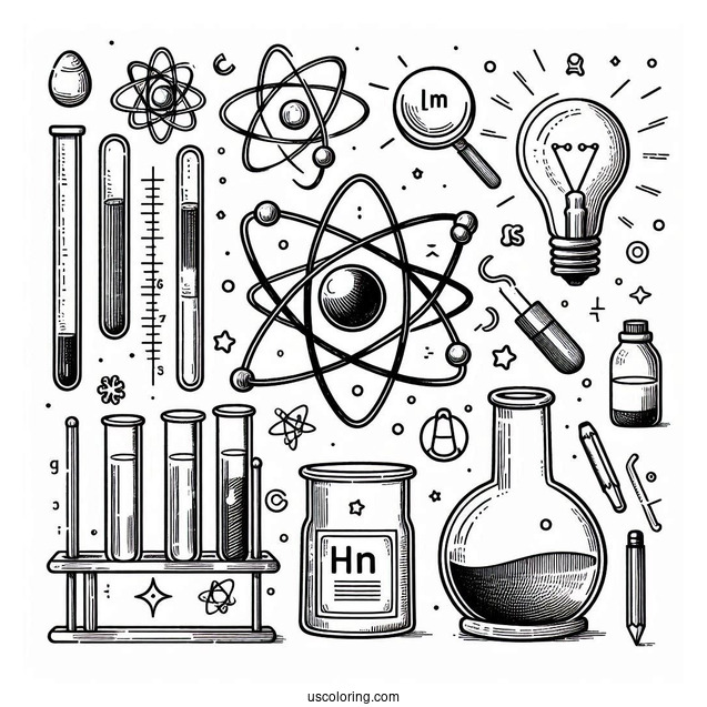 Science Coloring Page Of Elements Atom, Magnet, Test Tubes, Beaker, Light Bulb, And Magnifying Glass
